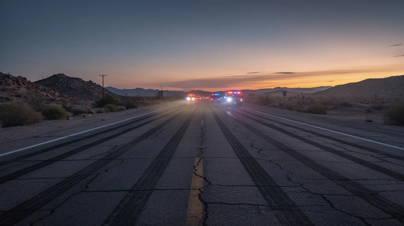 The image depicts a wide desert highway at dusk, marked by tire tracks leading into the distance, where emergency vehicle lights flicker, suggesting an accident scene. This setting evokes the seriousness of truck accidents, highlighting the potential need for a Midland truck accident lawyer for victims seeking fair compensation for their injuries.
