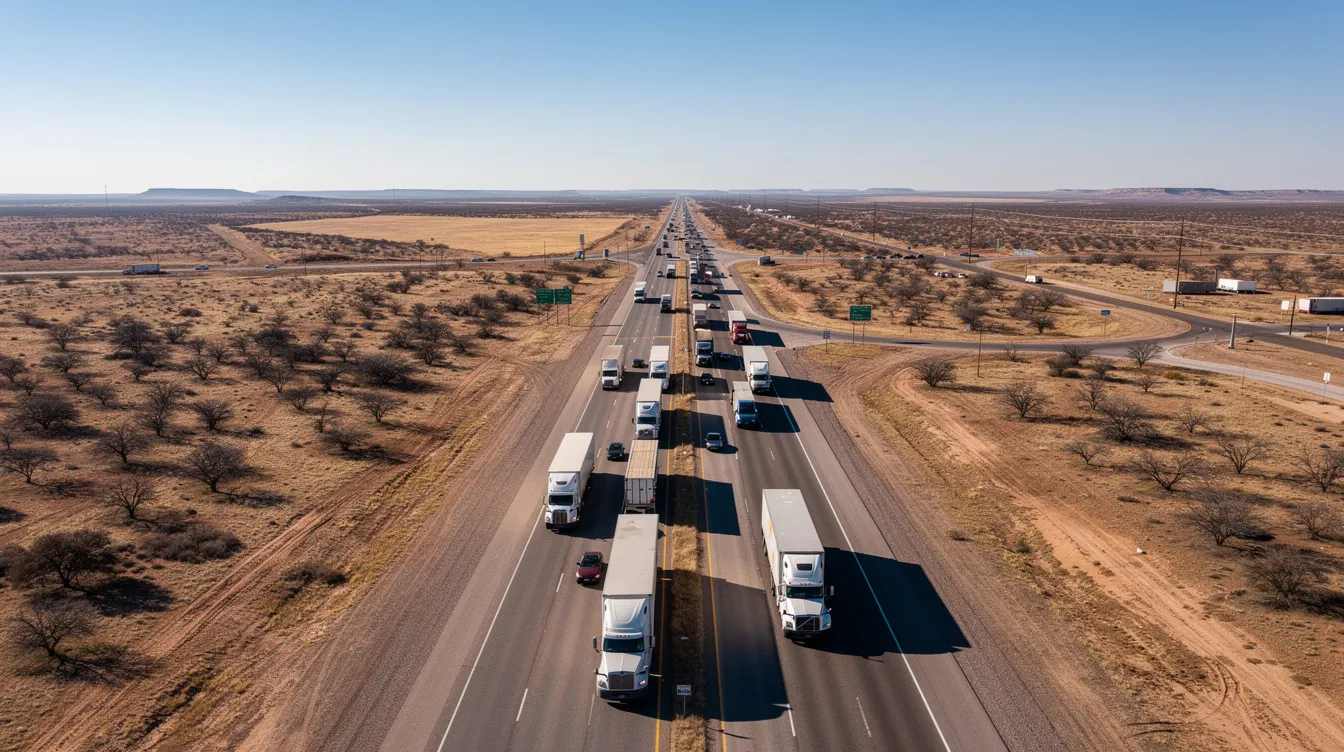 An aerial view captures a busy West Texas highway corridor filled with commercial trucks navigating through an expansive desert landscape. The scene highlights the heavy truck traffic typical of this area, where truck accidents can lead to serious injuries and significant personal injury claims, making it essential for victims to consult a Midland truck accident lawyer for legal support.