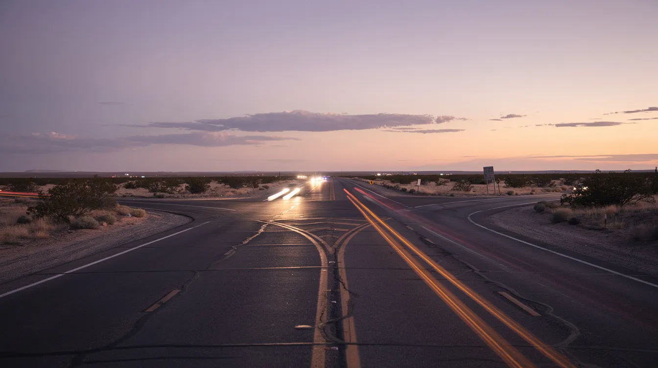 The image depicts a desert highway intersection at dusk, illuminated by vehicle headlights against a wide-open sky. This scene captures the solitude of the road, often traveled by commercial trucks, and highlights the potential dangers of truck accidents that can occur in such remote areas.