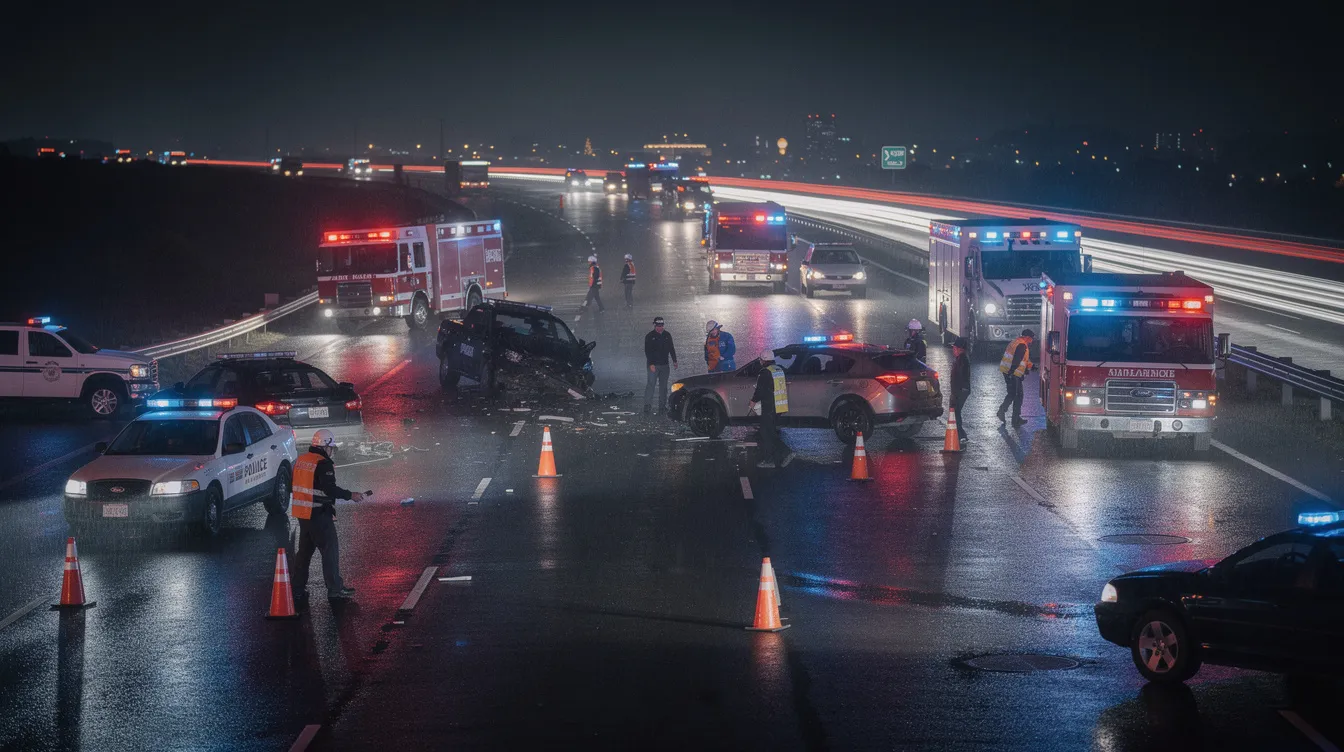 Emergency responders are actively working at a nighttime highway accident scene, with flashing lights illuminating the wet pavement. The scene reflects the urgency often associated with truck accidents, highlighting the need for legal assistance for victims facing serious injuries and medical expenses.