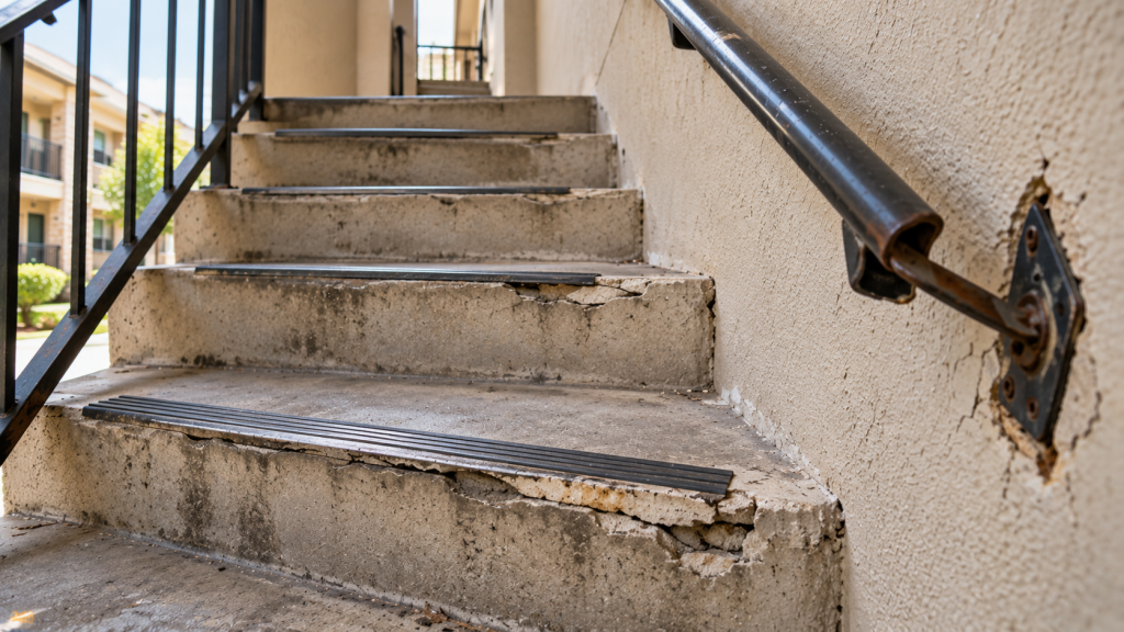 Escalones desiguales y pasamanos deteriorado que pueden causar caídas en escaleras.