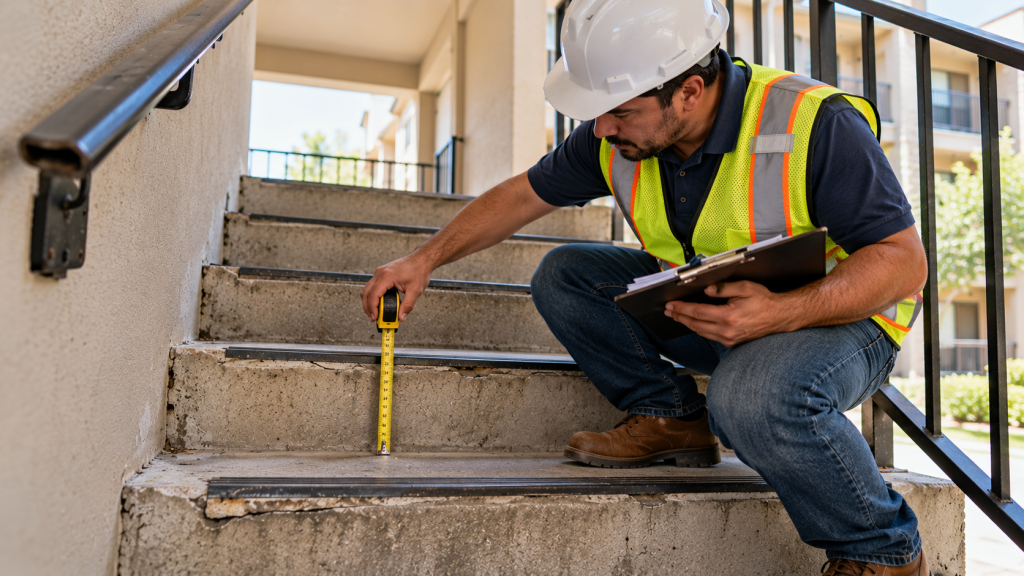 Inspector independiente midiendo la altura de un escalón para documentar un posible defecto de construcción.