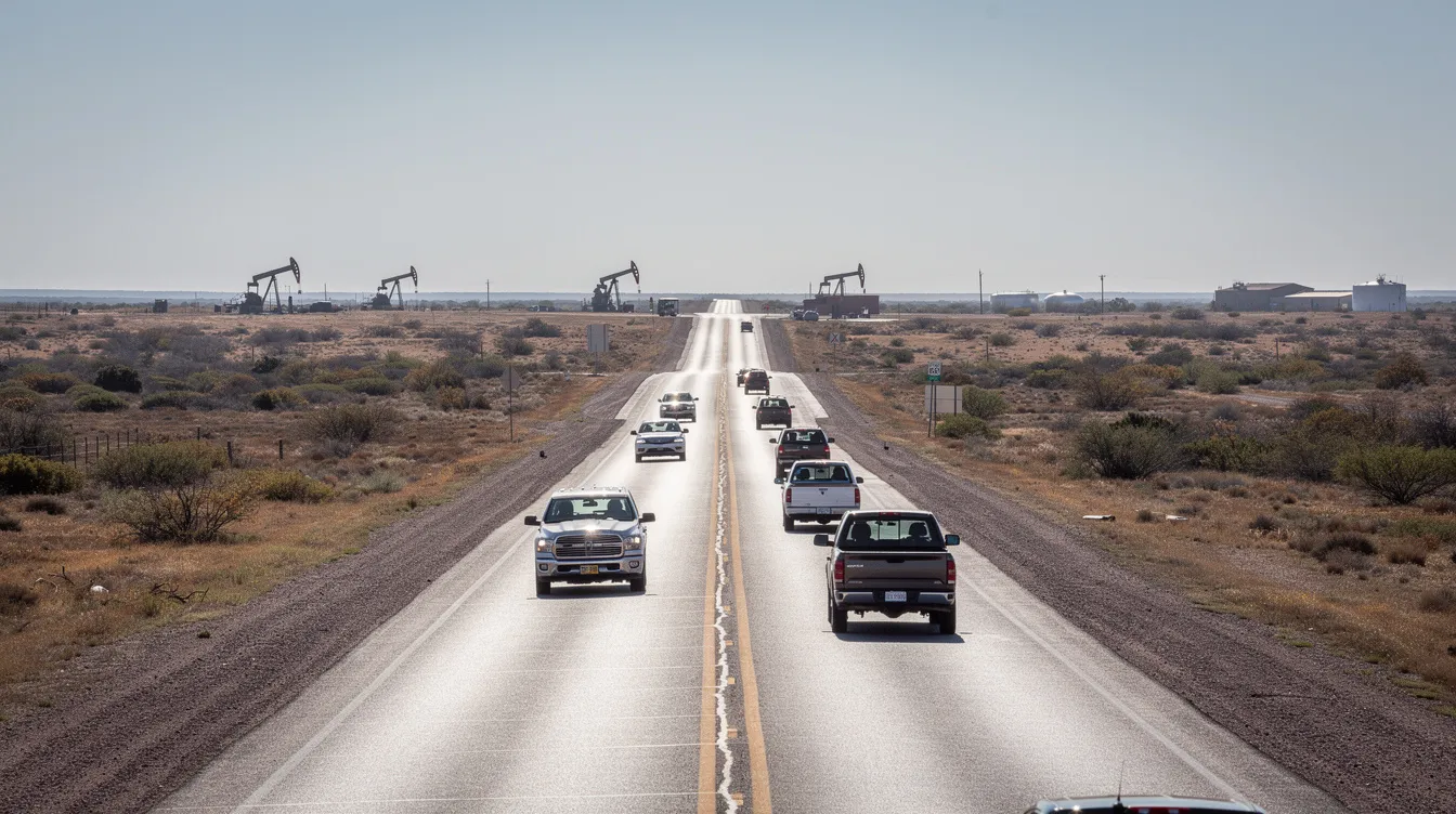The image depicts a wide view of a busy two-lane highway cutting through the arid West Texas landscape, with oil pump jacks dotting the horizon. This scene highlights the typical environment where truck accidents may occur, emphasizing the presence of commercial vehicles navigating the highway.