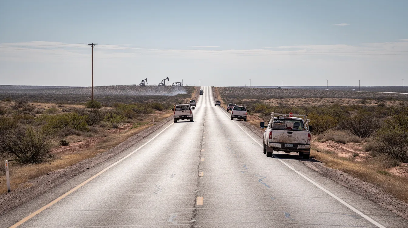 The image depicts a wide West Texas highway surrounded by a flat desert landscape, with several oilfield pickup trucks parked alongside the road. This setting is typical of the trucking industry in Midland, where truck accidents can have devastating consequences for drivers and victims alike.